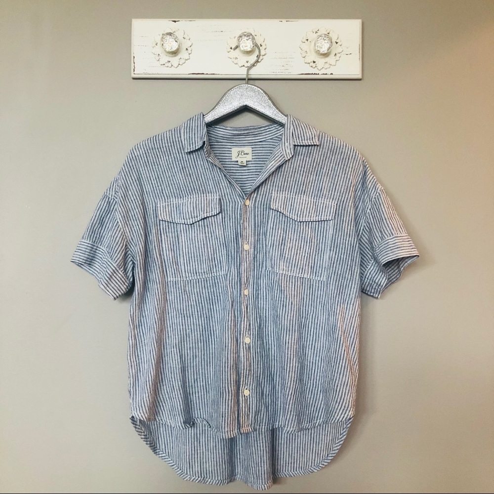 J. Crew Linen Cotton Blue Striped Button Down Top